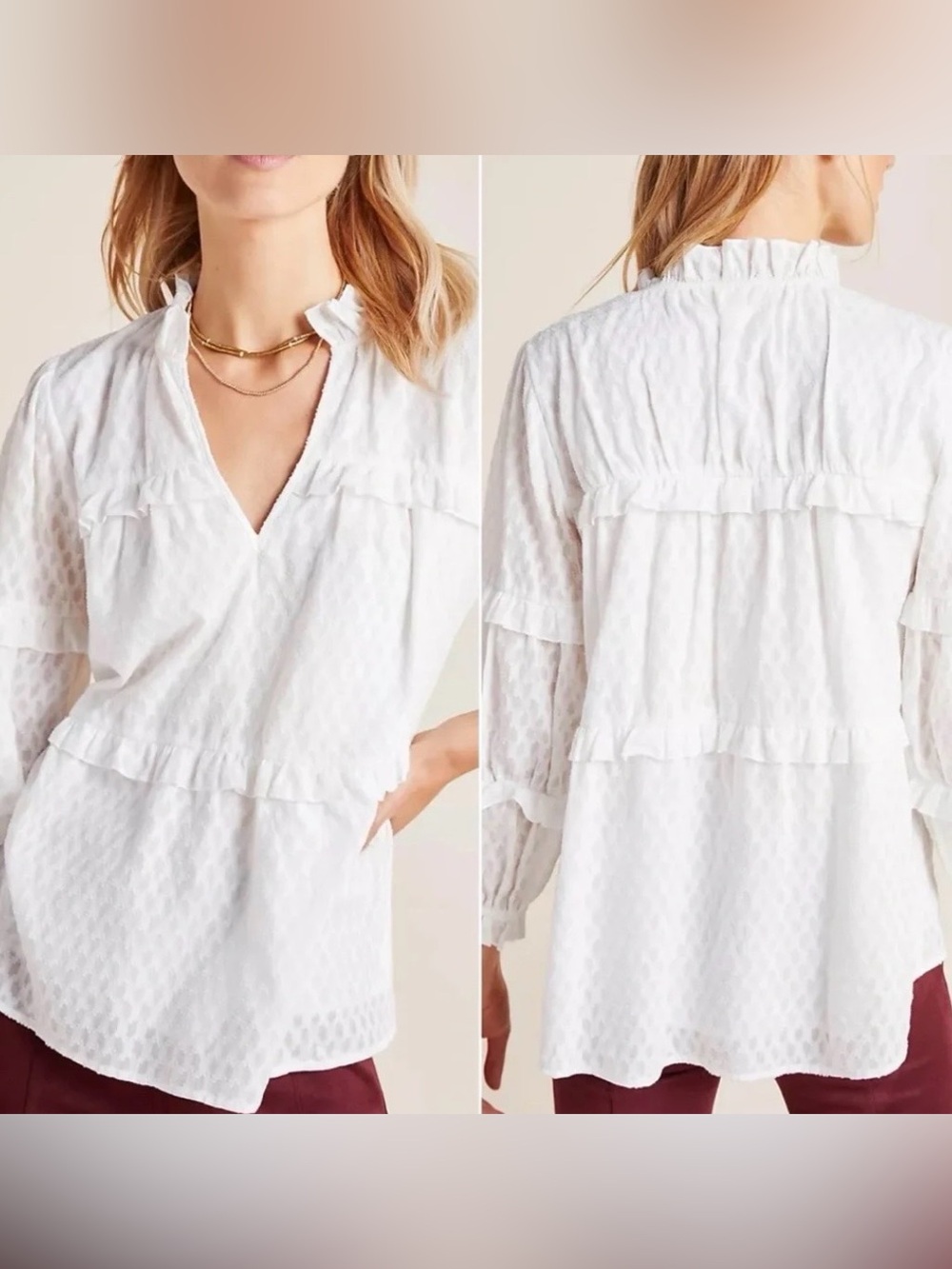 Anthropologie Maeve | Women’s Cream Textured Angela Ruffled Tier Vneck Top Sz S